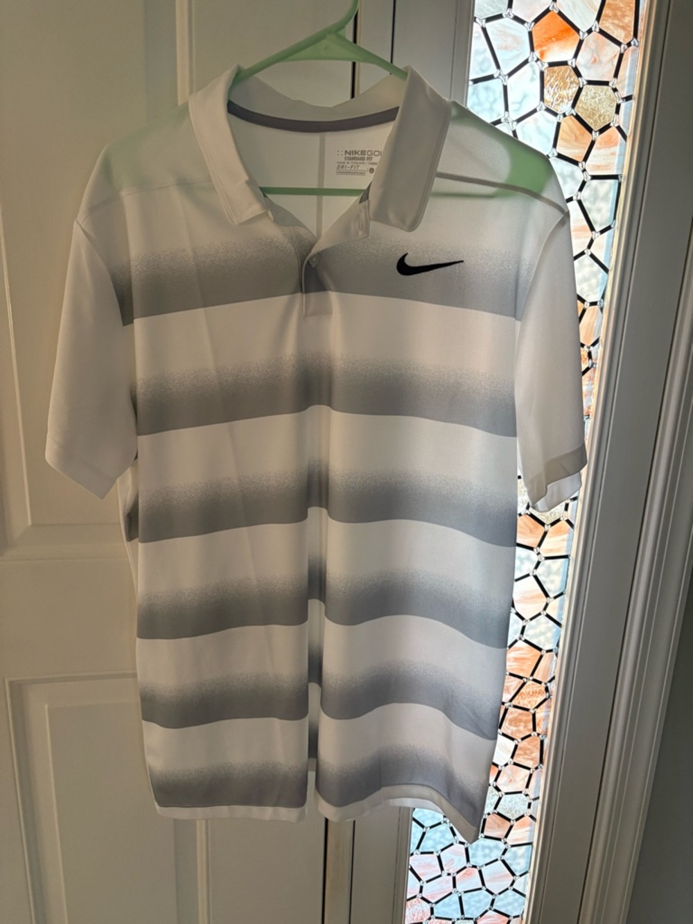 Nike Men’s White & Gray Striped Dri-FIT Golf Polo, size large